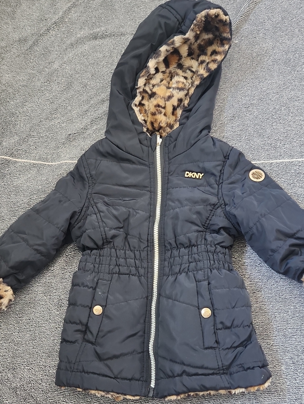 DKNY Navy Girls Hooded Puffer Coat with Leopard Faux Fur Lining